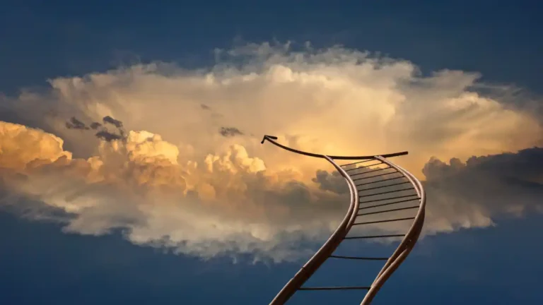 A ladder curves upward into bright clouds, with its upper end disappearing from view, symbolizing uncertain ambition, hierarchy, and the unknown destination of success. (Approximately 18 words. Good for accessibility and SEO without interpreting the image too heavily.)