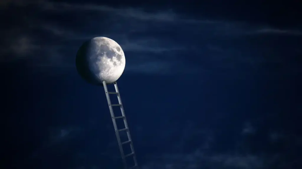 A solitary ladder rises into a dark night sky, resting against the moon, symbolizing ambition, hierarchy, aspiration, and the invisible structures people climb in search of recognition and power.
