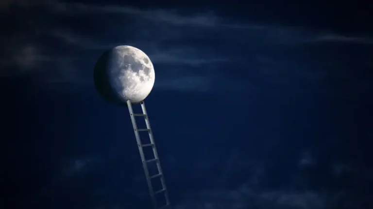 A solitary ladder rises into a dark night sky, resting against the moon, symbolizing ambition, hierarchy, aspiration, and the invisible structures people climb in search of recognition and power.
