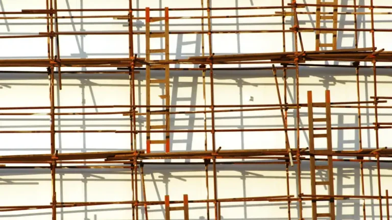 Wooden ladders and scaffolding form a dense grid across the façade of a building, creating a visual maze of interconnected ladders and platforms.